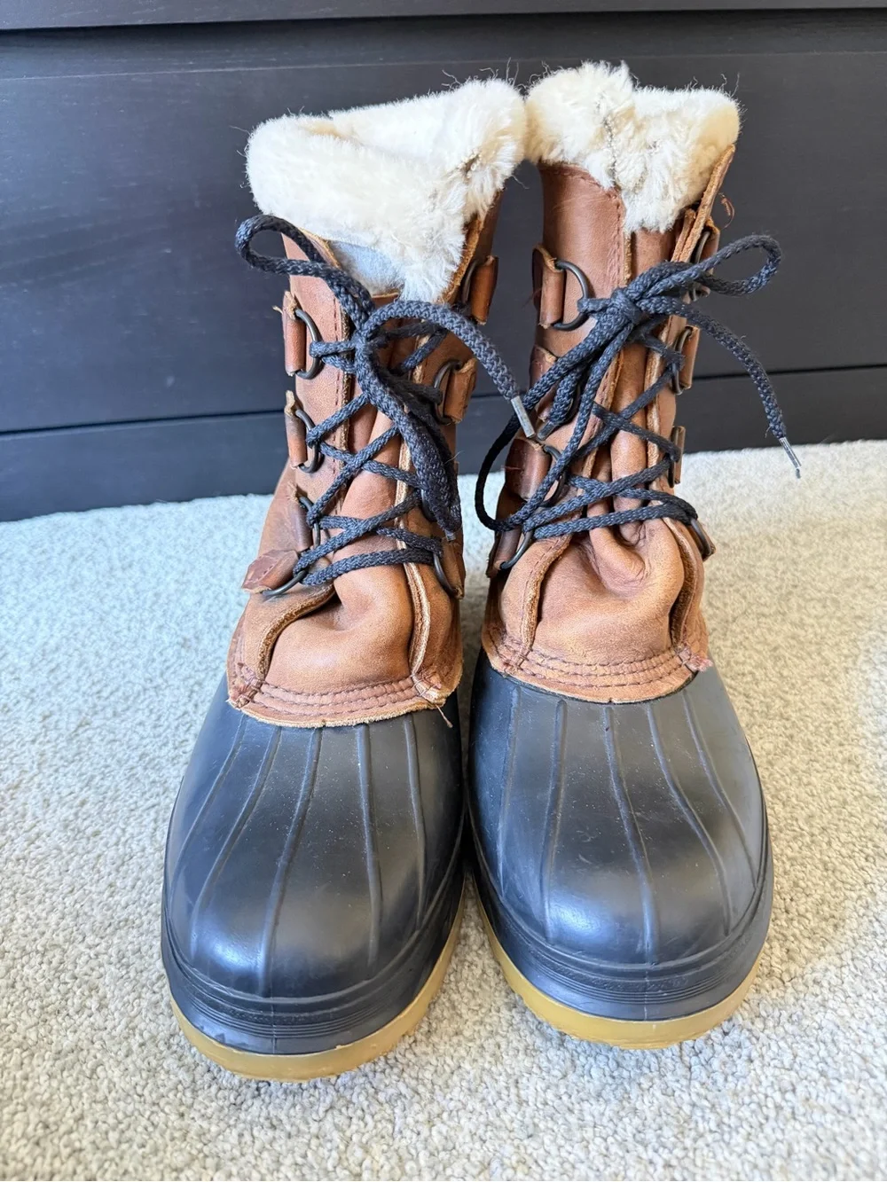 Kamik Everest Leather Rubber Snow Boots Size 11 Insulated Fur Lined Brown